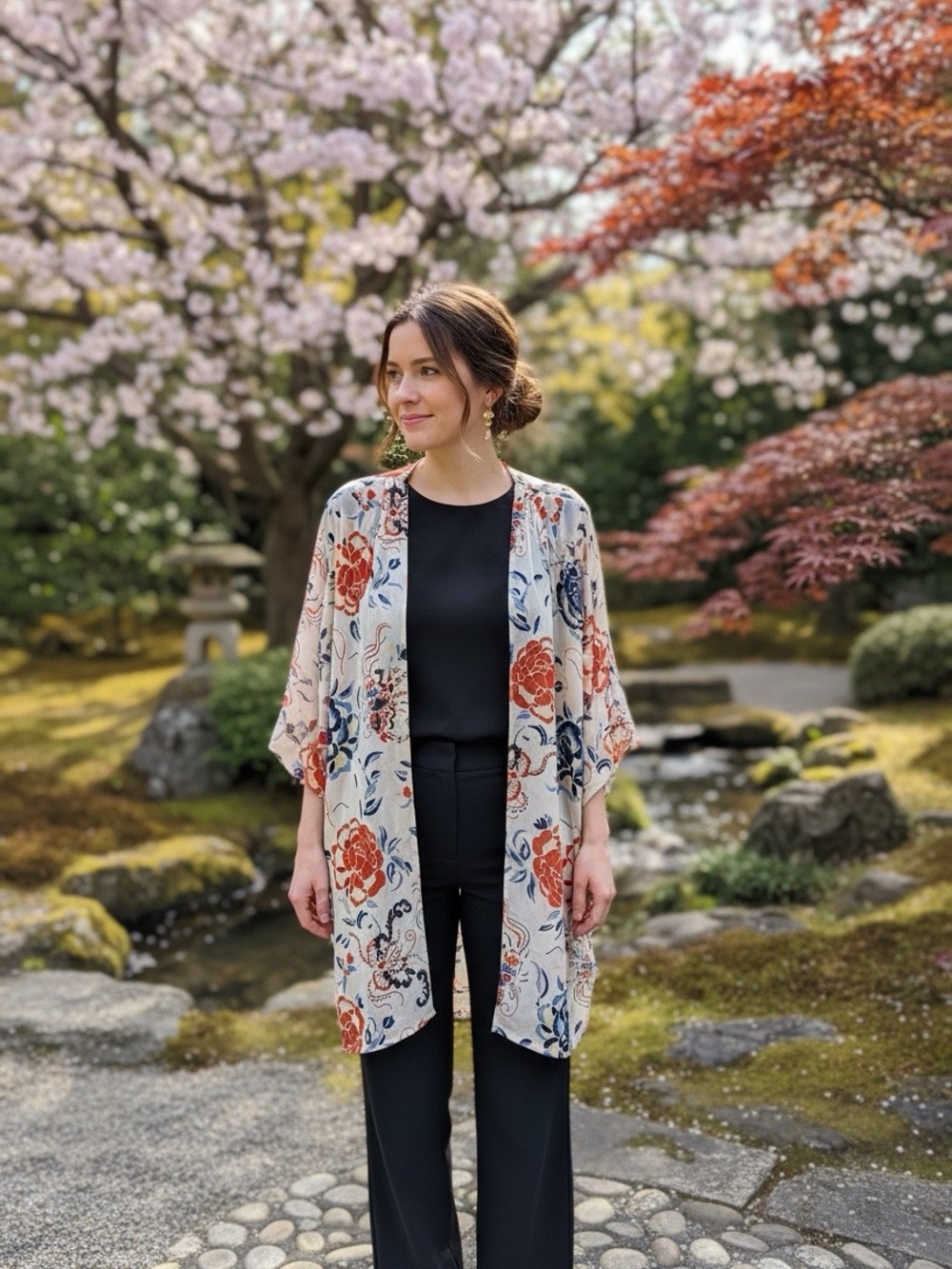 Floral Printed Cream Kimono Camisole Cover-Up
